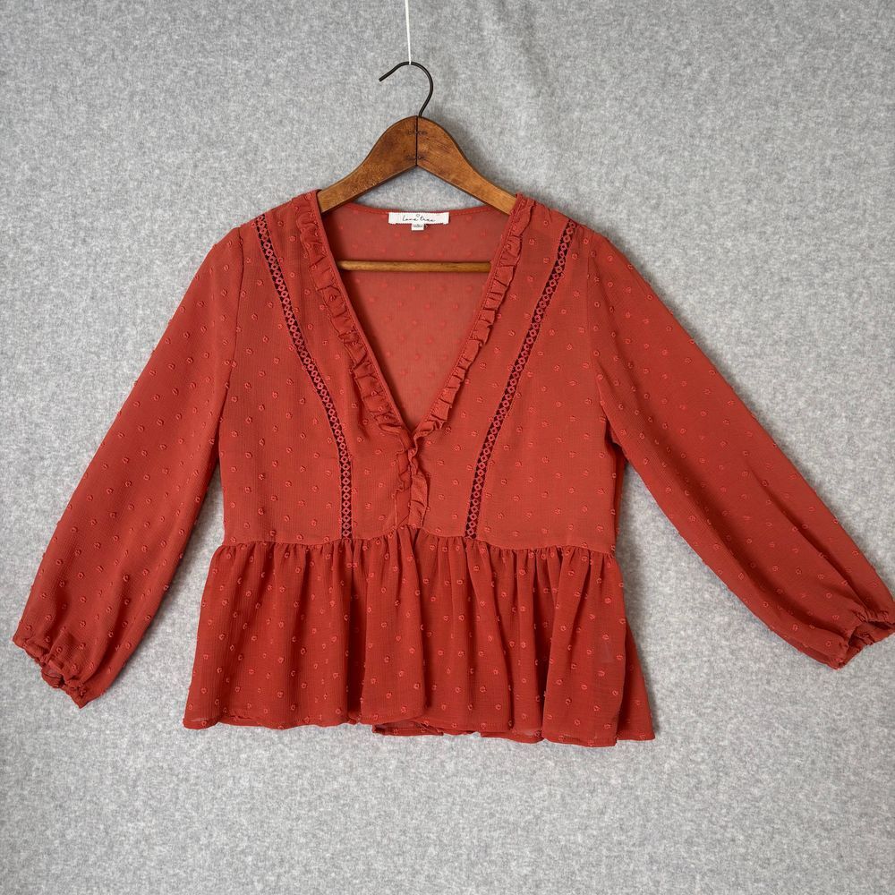 Love Tree Crop Top Womens Large Orange Peplum Textured Ruffled‎ Blouse Cottage